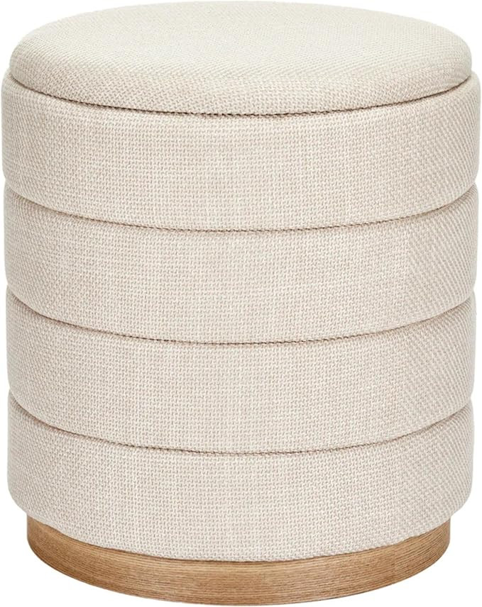 Round Ottoman with Storage – Elegant Durable Linen Upholstered Footrest Bench for Living Room, ... | Amazon (US)