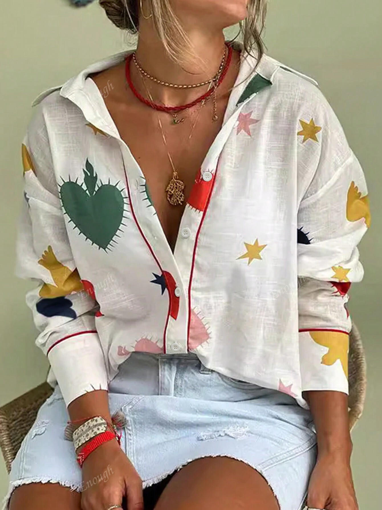 Fashion Oversized Textured Fabric Stand-Up Collar Love Hearts Stars Birds Prints Red Trimmed Wome... | SHEIN