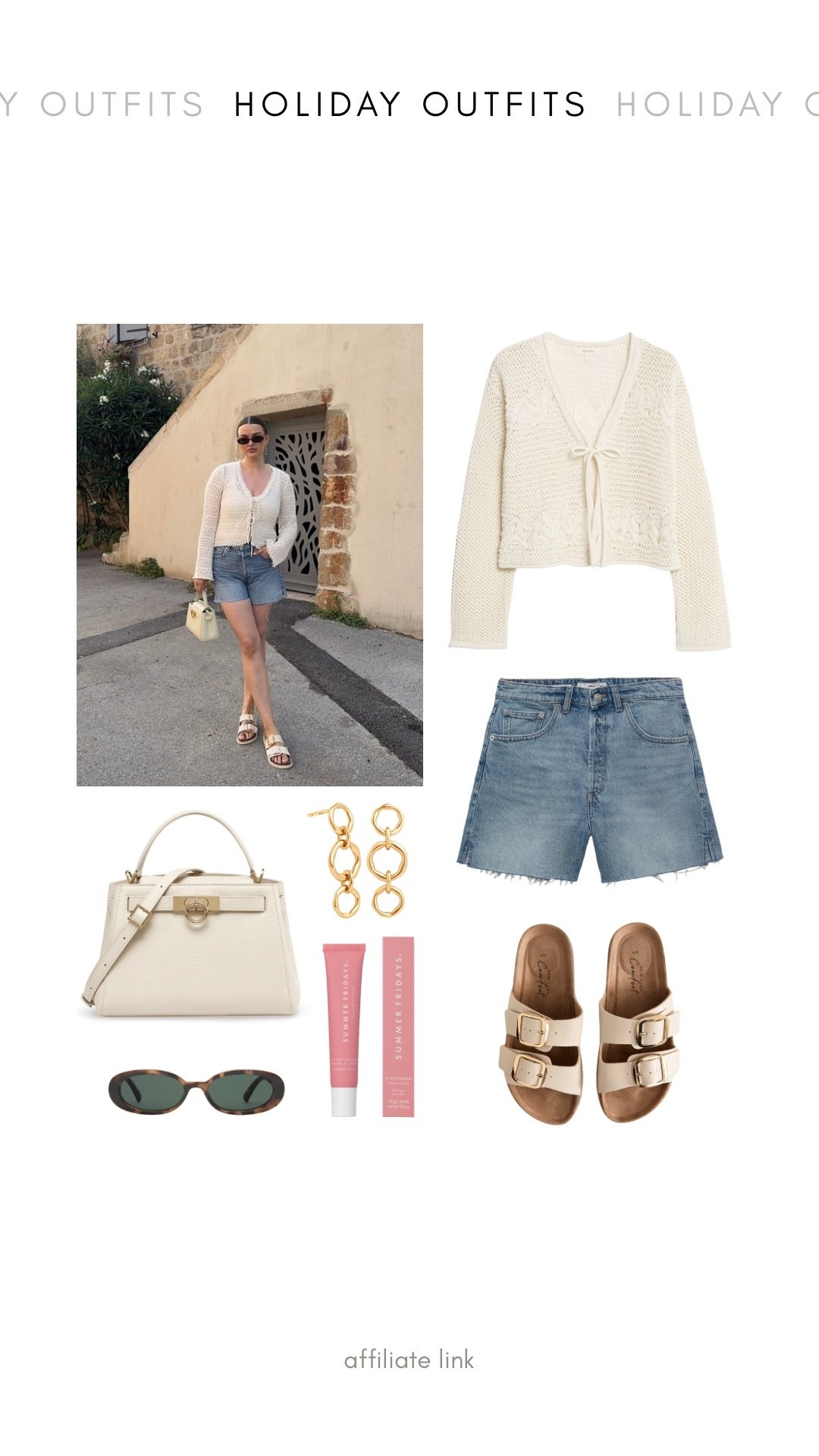 Summer holiday outfit idea - m&s crochet tie front cardigan, mango blue denim shorts, new look cream sandals, summer Fridays lip butter balm, le specs tortoiseshell sunglasses, Astrid & Miyu gold molton link drop earrings 

#LTKsummer #LTKuk #LTKstyletip