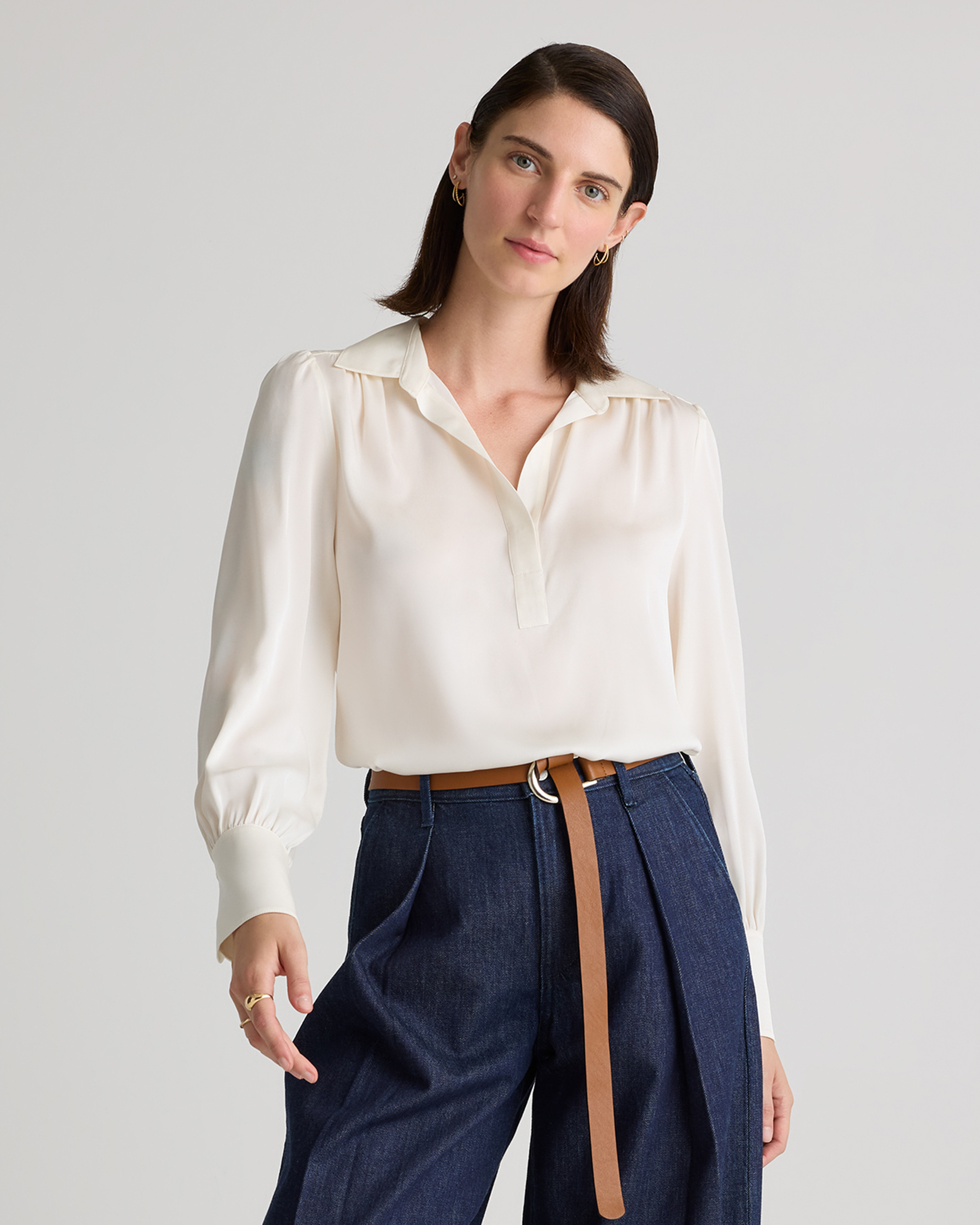 Quince | Women's Washable Stretch Silk Split Neck Blouse in Ivory, Size XL, Mulberry Silk | Quince