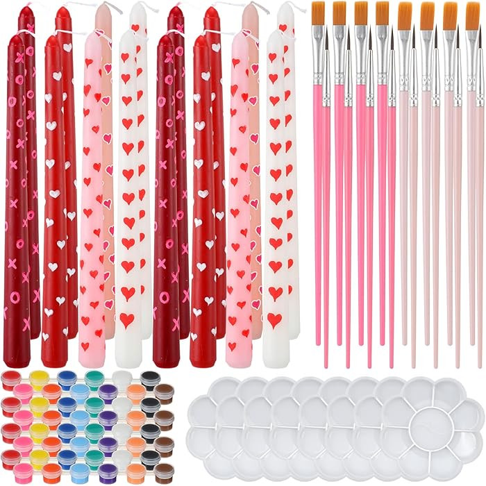 Treela 48 Pcs Galentine DIY Candle Painting Kit, 10 Inch Candlesticks, Acrylic Paint Strips, Pale... | Amazon (US)