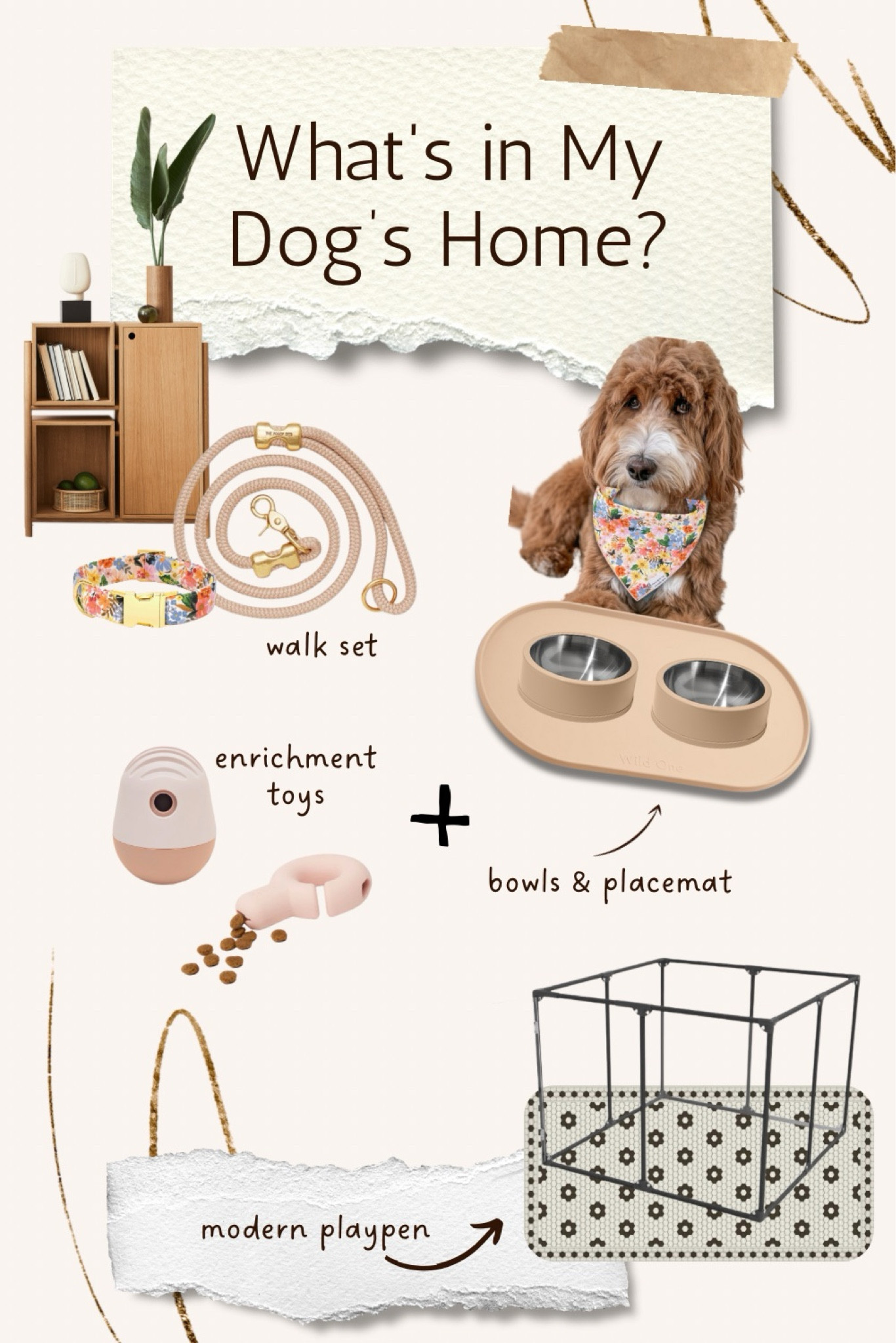 What’s in my dog’s home? Pet care, aesthetic pet care, modern pet accessories, dog favorites, pet must haves, dog toys, playpen, crate, dog leash set.

#LTKHome