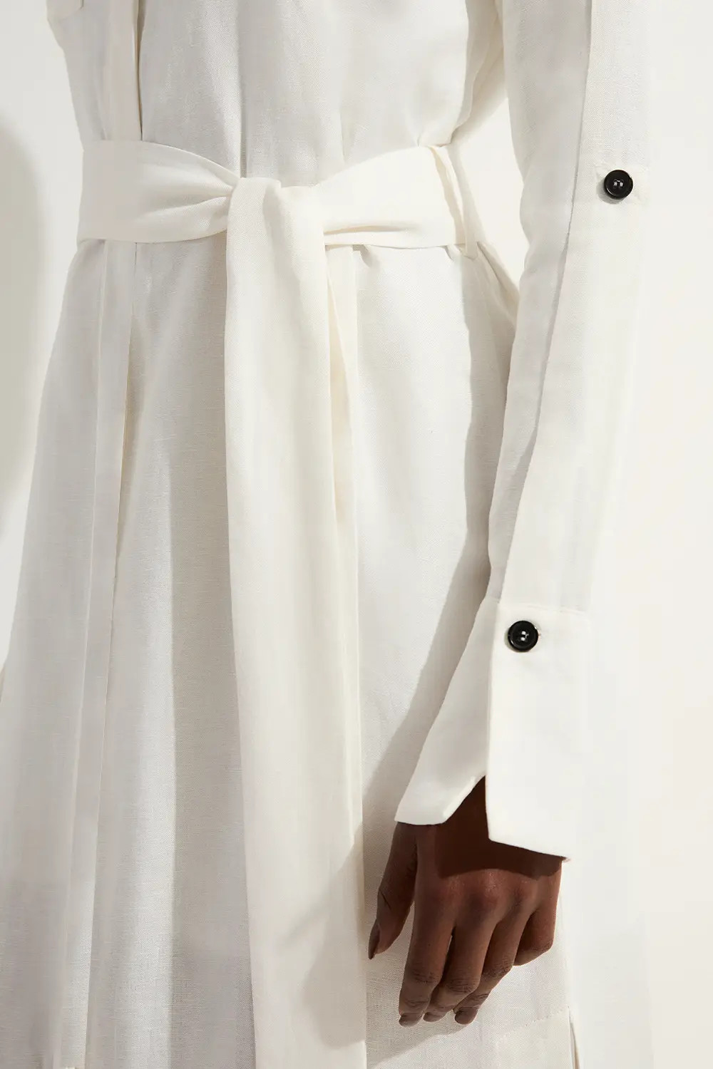 White Viscose Linen Woven Belted Shirt Midi Dress | Karen Millen | Karen Millen UK