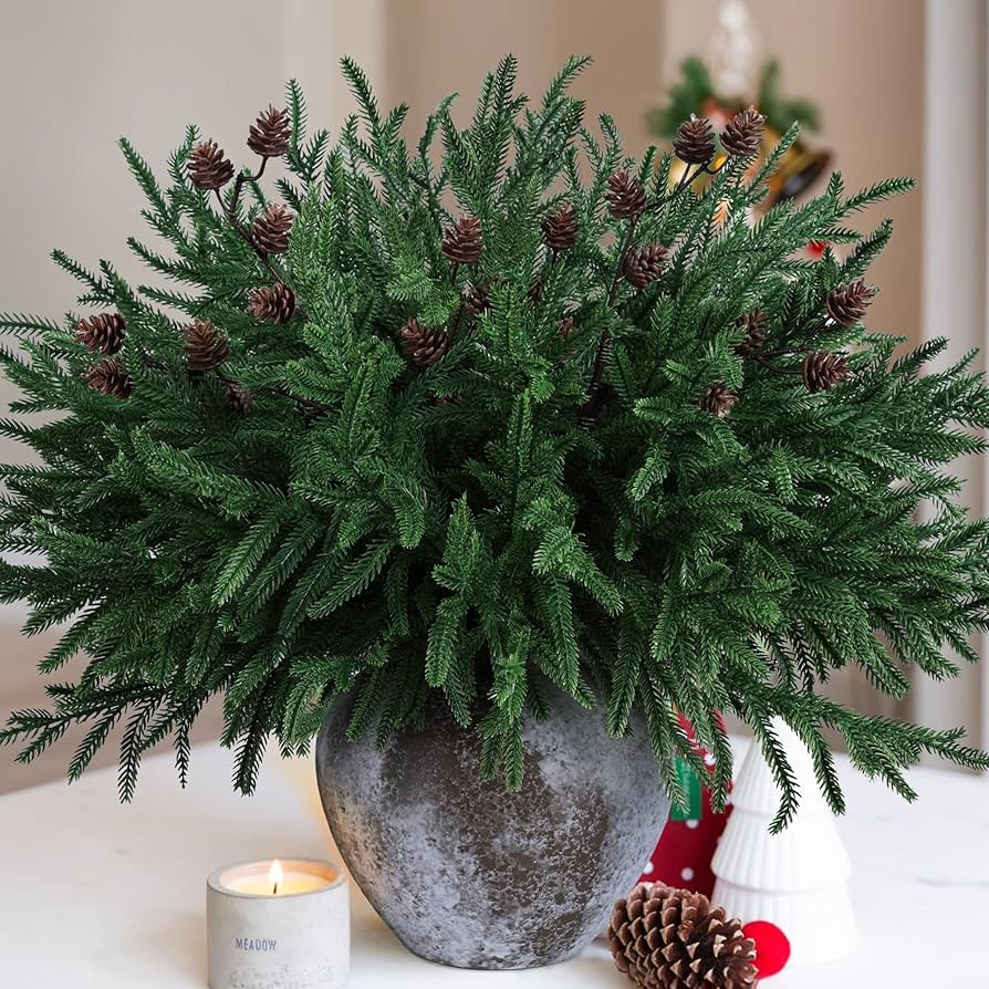 HyeFlora 14 PCS Christmas Norfolk Pine Stems with Small Pine Cones Branches, 19 In Real Touch Art... | Amazon (US)