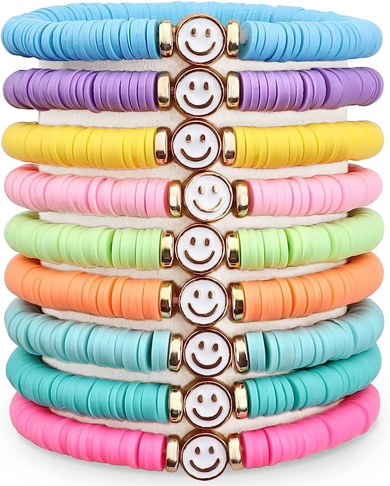JIASHUYEYE Preppy Bracelets Set Colorful Heishi Surfer Happy Smile Evil Eye Beaded Stretch Bracel... | Amazon (US)
