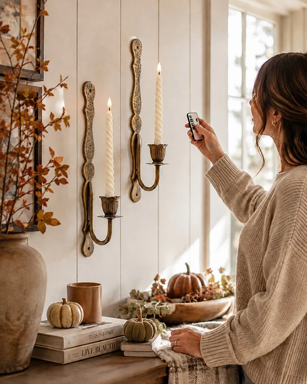 Antiqued Metal LED Pillar Candle Wall Sconces with Remote, Set of 2 | Decor Steals