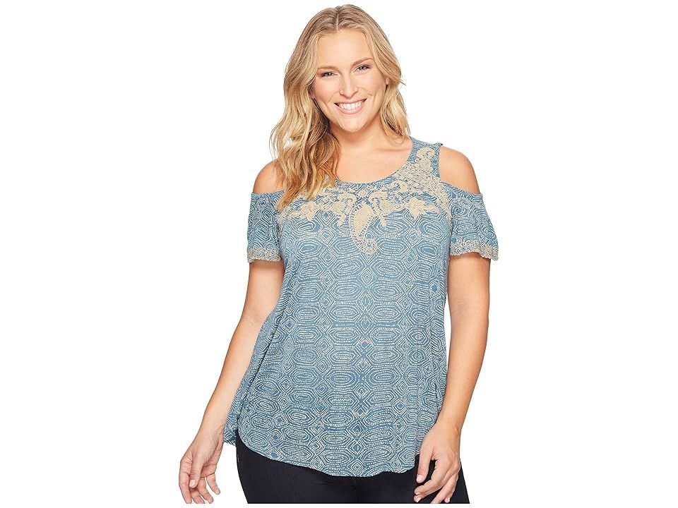 Lucky Brand Plus Size Embroidered Cold Shoulder Top (Blue Multi) Women's Short Sleeve Pullover | 6pm