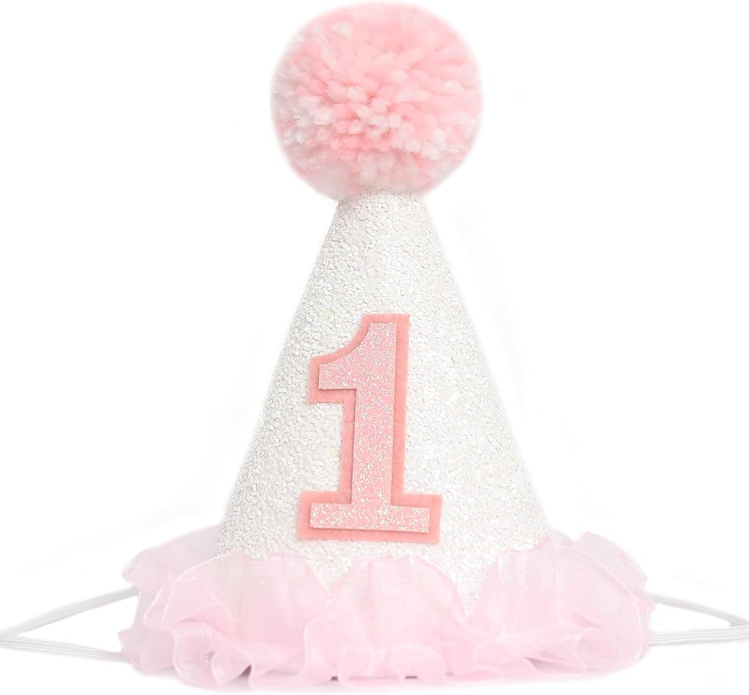 Pink Princess 1st Birthday Party Hat, Baby Girl's First Birthday Sequin Crown, Glitter Headband | Amazon (US)