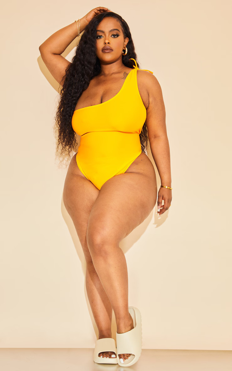 Plus Orange One Shoulder Tie Detail Swimsuit | PrettyLittleThing US