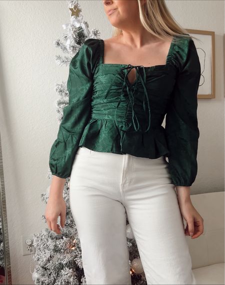 #ad In my emerald green era 🎄 This jacquard blouse is perfect to pair with a mini skirt and tights or your fave denim for an easy but sophisticated holiday look. Runs TTS, wearing a small. Size up if you have a larger chest #argirl #adelynraepartner

#LTKSeasonal #LTKHoliday #LTKGiftGuide
