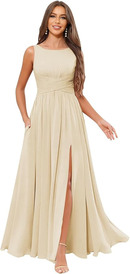 Women’s Scoop Neck Bridesmaid Dresses Pleated Chiffon Formal Dress A-line Wedding Guest Dress w... | Amazon (US)