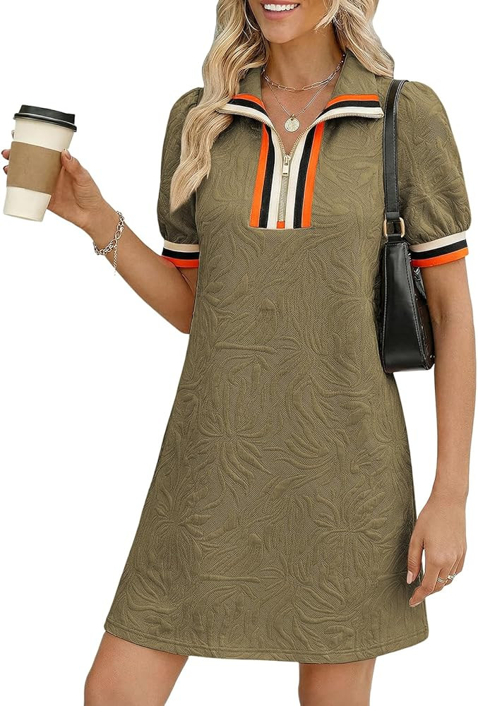 BLENCOT Summer Dresses for Women Casual Half Zip V Neck Short Sleeve Mini Sweatshirt Dress with P... | Amazon (US)