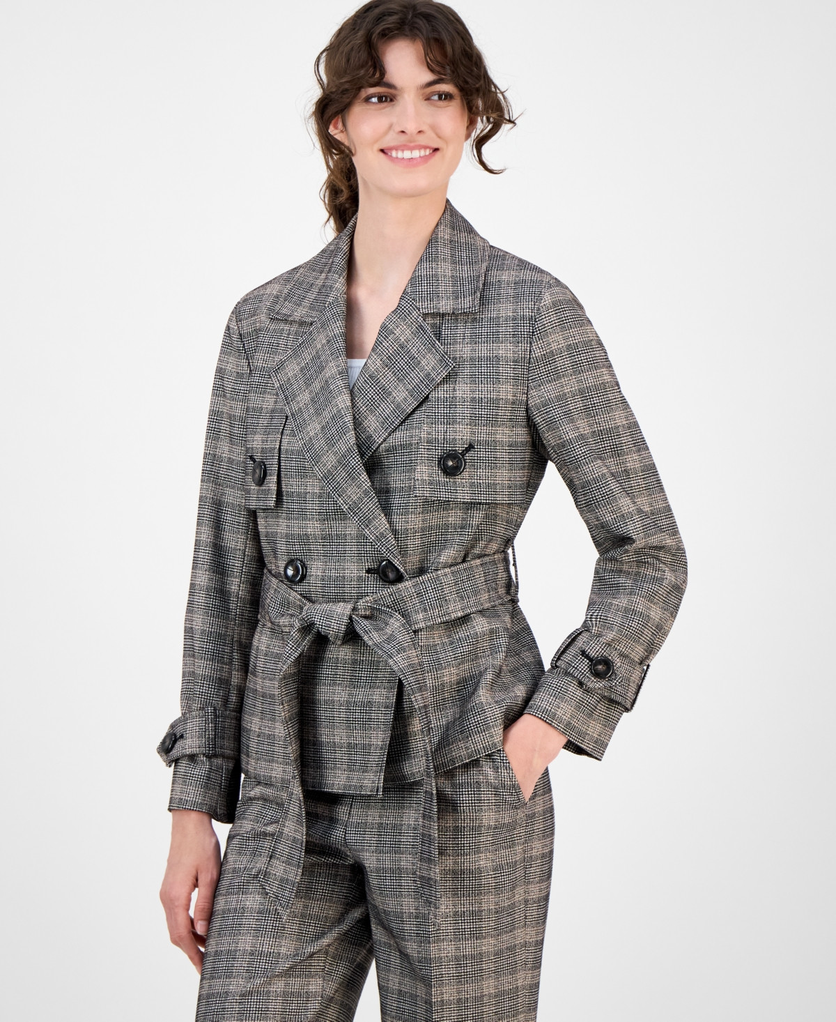 Anne Klein Women's Plaid Belted Button-Front Trench Jacket - Anne Black Multi | Macy's