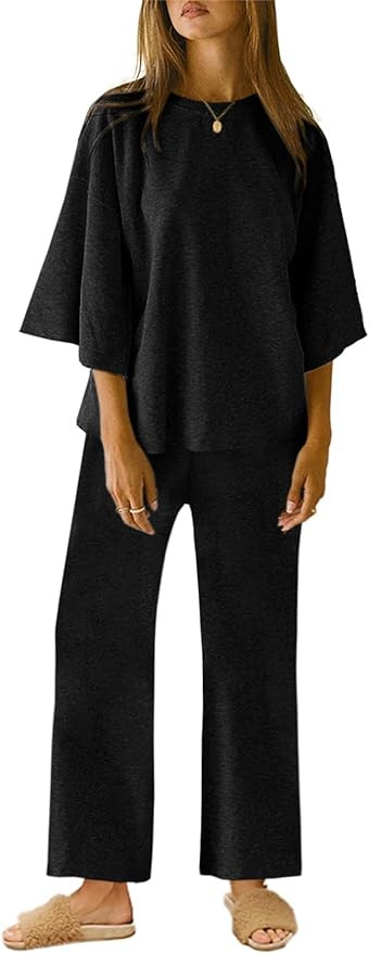 Tankaneo Womens 2 Piece Outfits 3/4 Sleeve Tops and Elastic Waist Pants Casual Lounge Sets | Amazon (US)