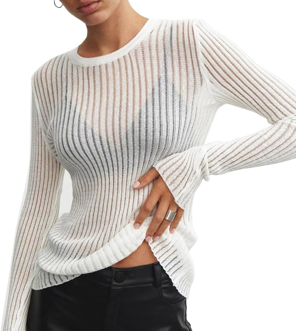 Women Knitted Sweater See Through Crew Neck Sheer Mesh Solid Basic Long Sleeve Loose Fit Knit Pul... | Amazon (US)
