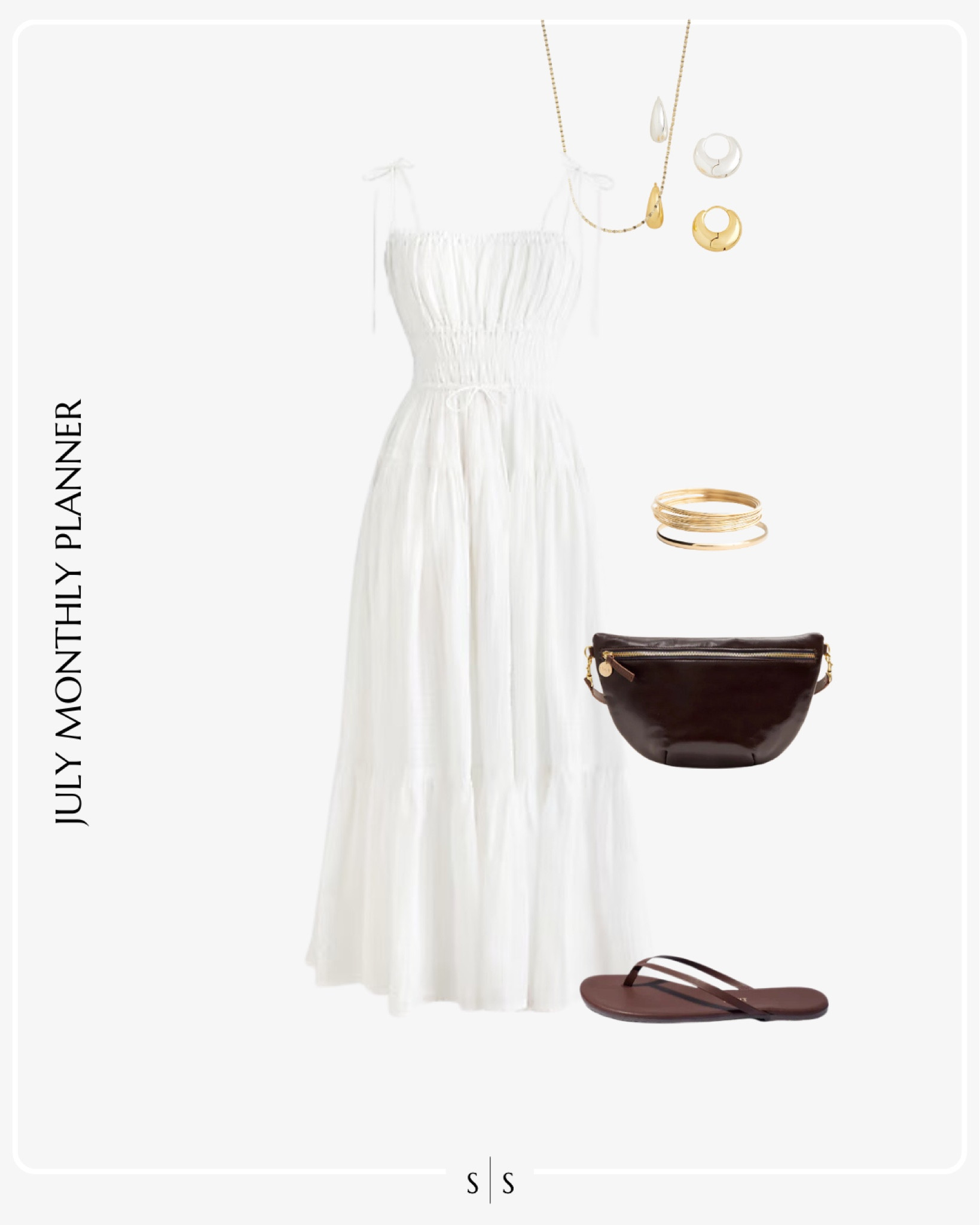 Monthly outfit planner JULY: Summer looks | white maxi dress, sling bag, flip flop sandals, Summer accessories 

See the entire calendar on thesarahstories.com ✨ 


#LTKStyleTip