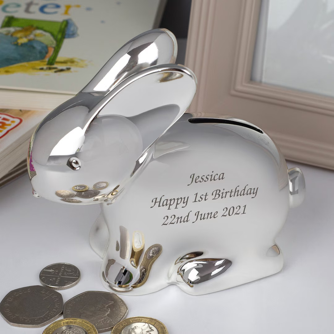 Personalised Silver Rabbit Piggy Money Box for Boys Girls Christening New Baby Gifts Ideas Boxes ... | Etsy (US)