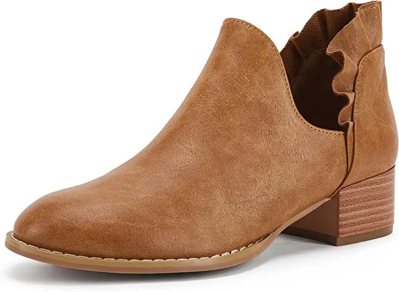 FISACE Womens Ruffled Ankle Boots V Cut Out Pointed Toe Chunky Low Heel Dressy Western Booties | Amazon (US)