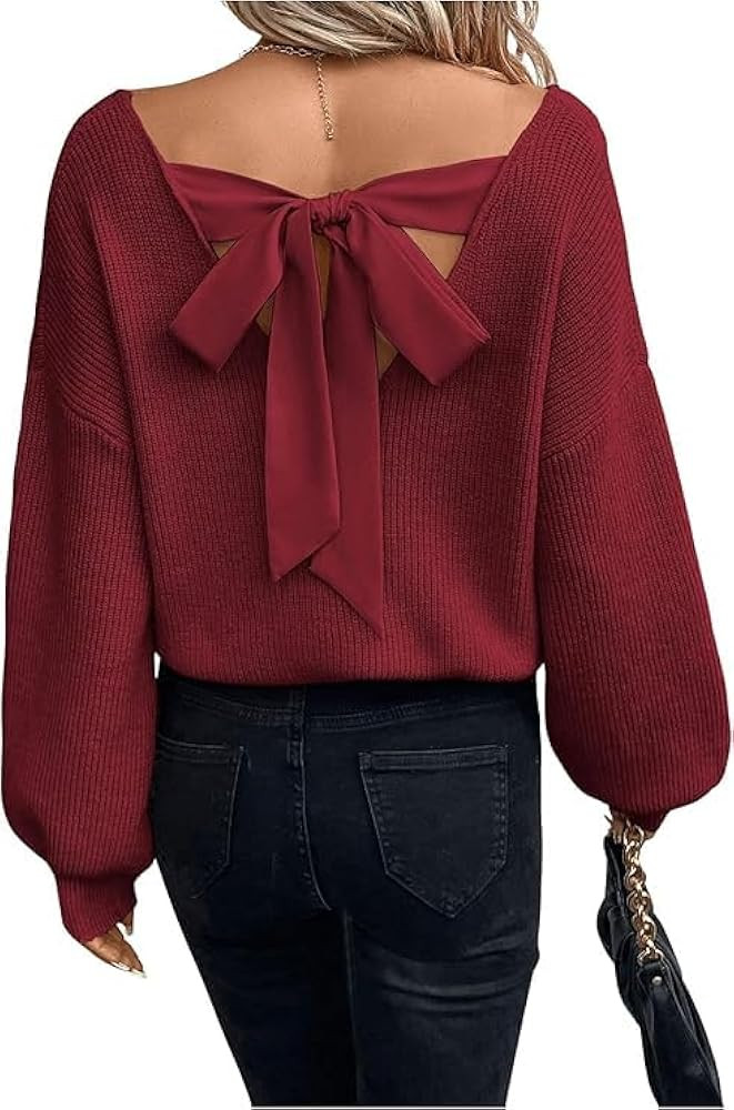 Chvity Women Sexy Backless Bow Tied Long Lantern Sleeve Pullover Sweaters Fall Winter Trendy Clot... | Amazon (US)