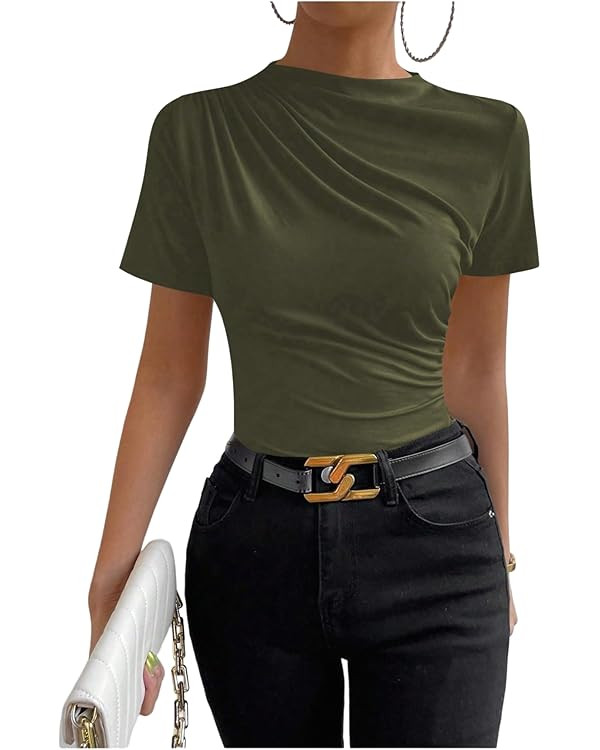 SweatyRocks Women's Ruched Mock Neck T Shirt Short Sleeve Fitted Summer Basic Tops | Amazon (US)