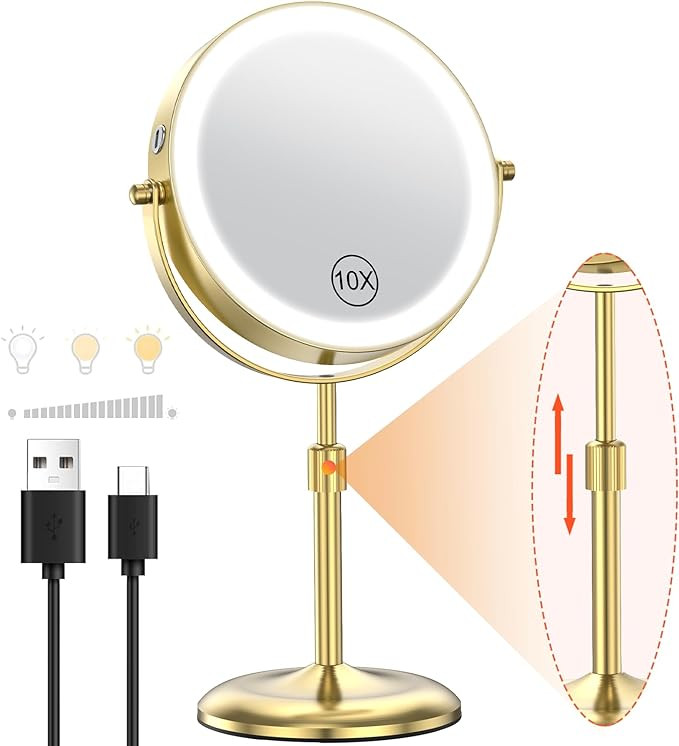 7" Lighted Makeup Mirror with 3 Color Lights & 10X Magnification, Adjustable Brightness & Height,... | Amazon (US)