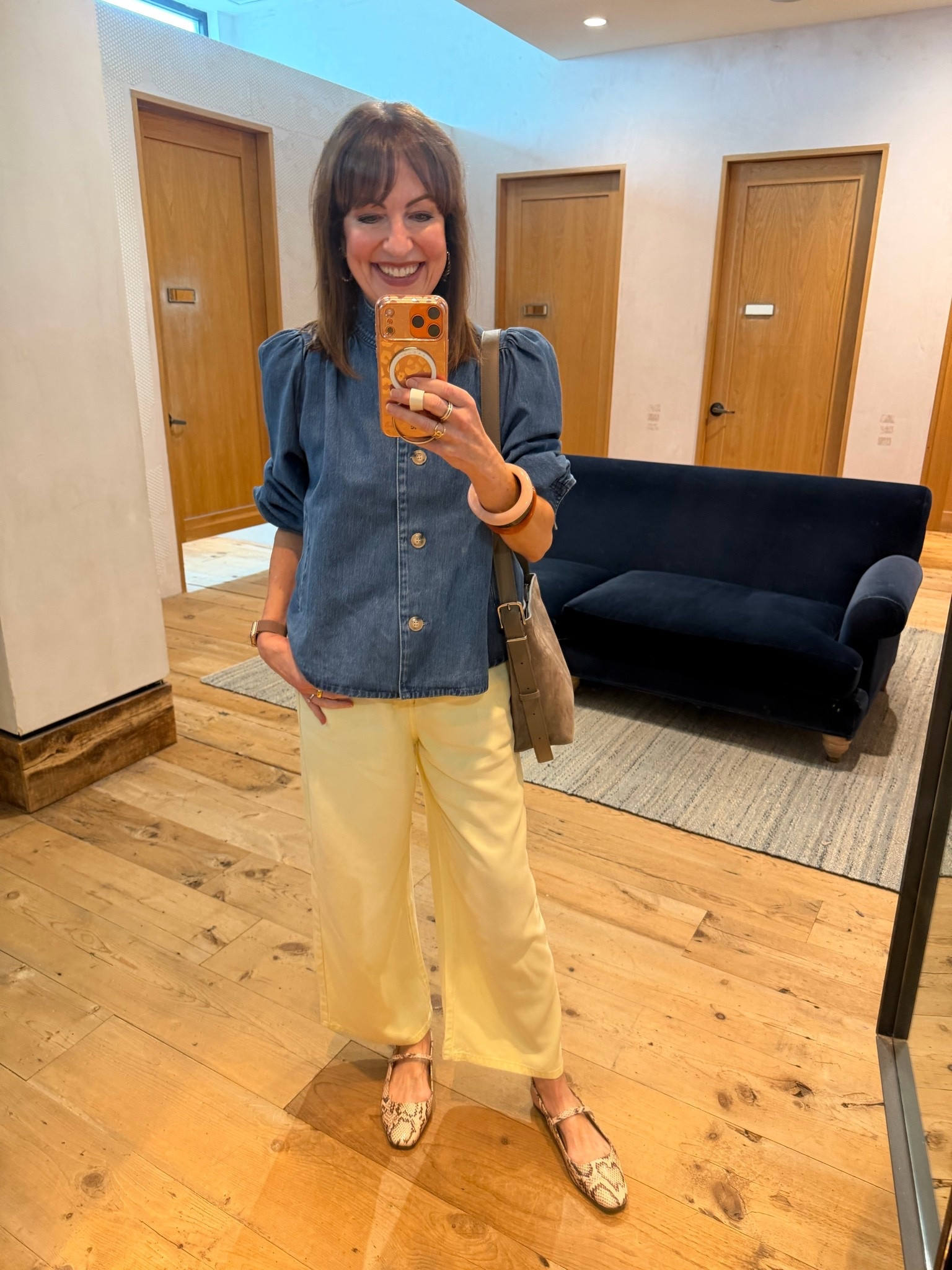 Love this funnel neck denim top/jacket! This was a cute and comfortable outfit for a day of shopping with girlfriends! 

H&M, denim jacket, yellow pants, snakeskin flats, Splendid, Naturalizer, Quince bag

#LTKdayinmylife #LTKootd #LTKOver40