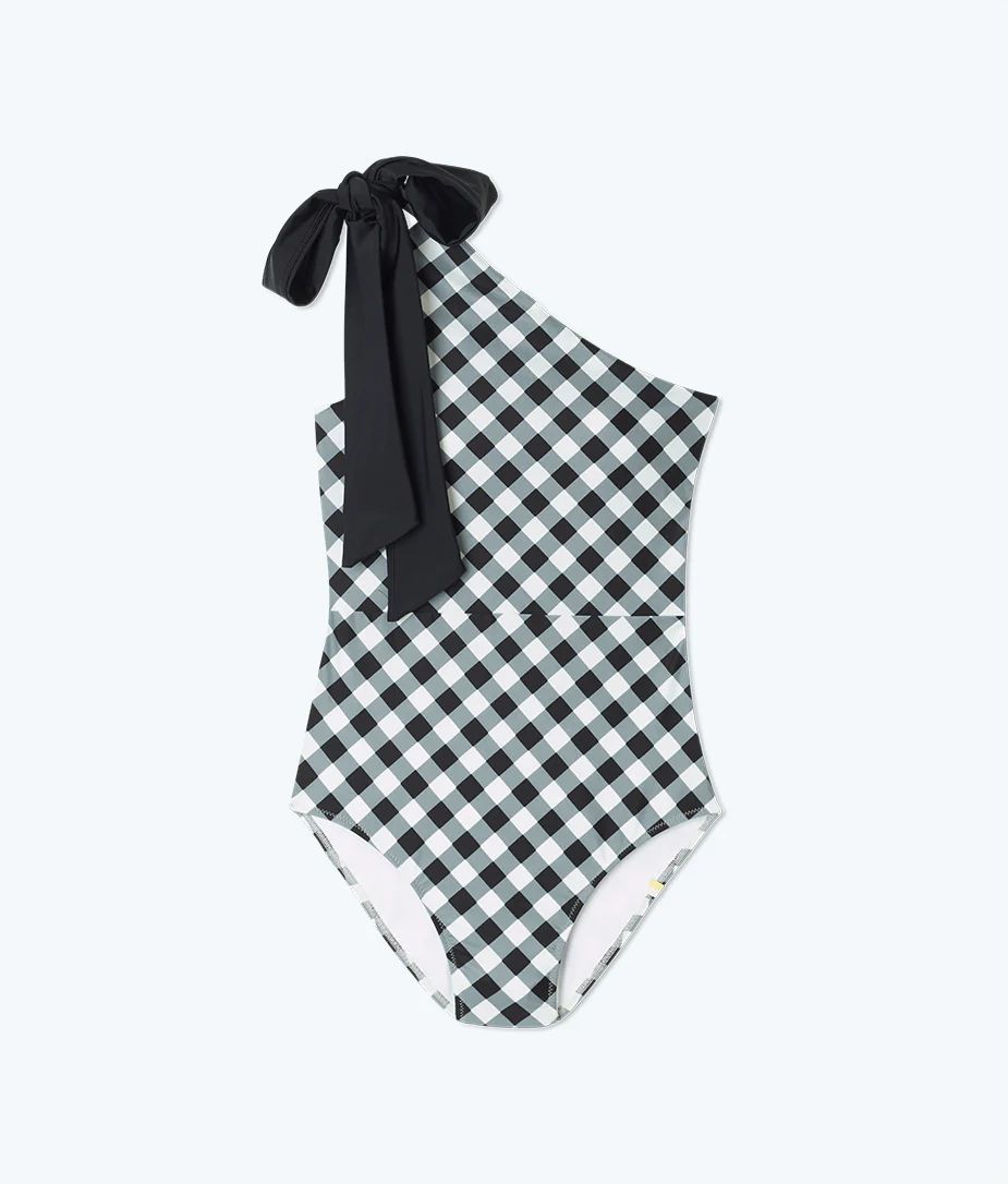 The Bow-Shoulder Ruched Sidestroke - Gingham in Sea Urchin | SummerSalt