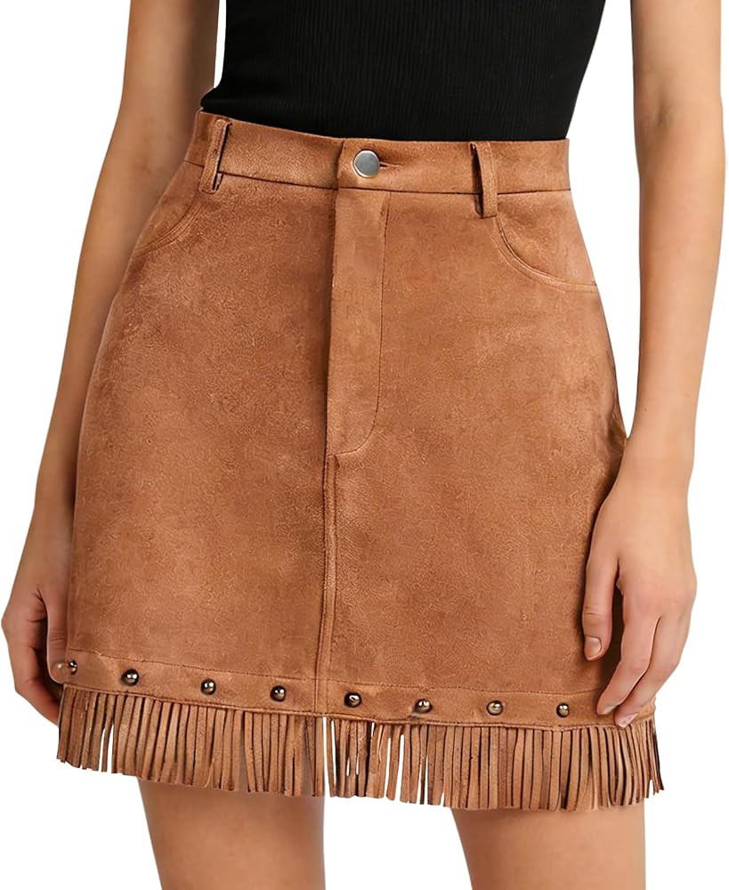Women's Western Cowgirl Fringe Skirt, Faux Suede High-Waisted Skirt, for Country Music Festivals,... | Amazon (US)