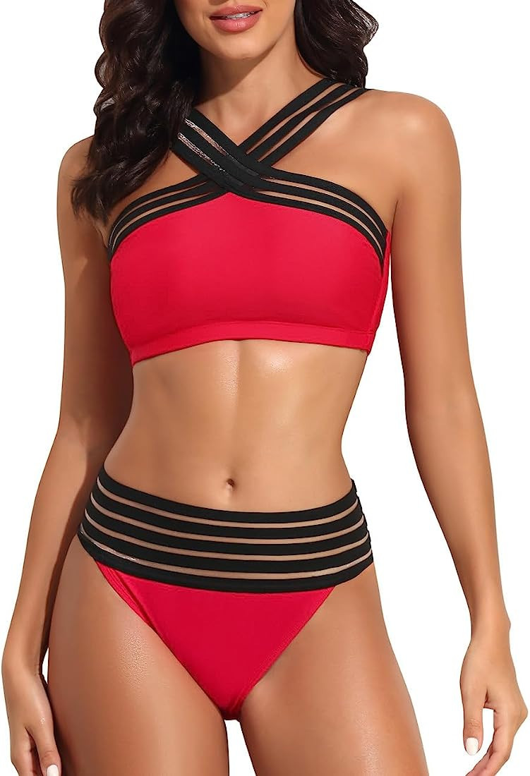 Hilor Women's Two Piece Bathing Suits Front Crossover Swimsuits Sexy Stripe Hollow High Waisted B... | Amazon (US)