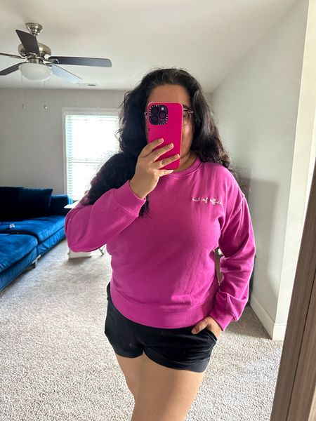 This Out Of Office Cozy Cotton Terry Sweatshirt was on my wishlist when it first came out and it’s now on super sale! I recommend picking it up online for a better deal, I ended up paying $7 more buying it in person 😅 Still such a great deal and will be something I take on vacation! I’m wearing a size large. 

Pink sweatshirt, pink style, midsize fashion, midsize style, pink fashion, airport fit, travel outfit 

#LTKMidsize #LTKFindsUnder50 #LTKTravel