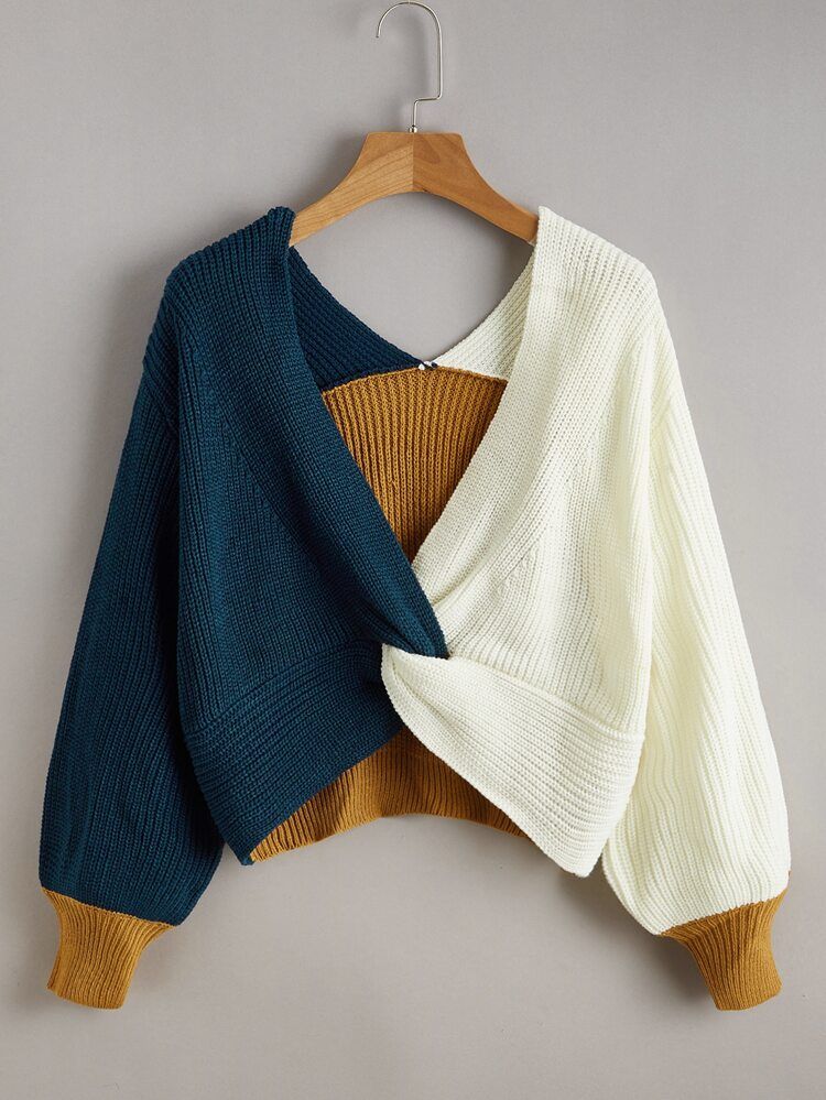 SHEIN Twist Front Colorblock Sweater | SHEIN