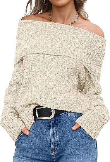 ANRABESS Off The Shoulder Sweaters for Women 2025 Fall Turtleneck Long Sleeve Fuzzy Knit Warm Cas... | Amazon (US)