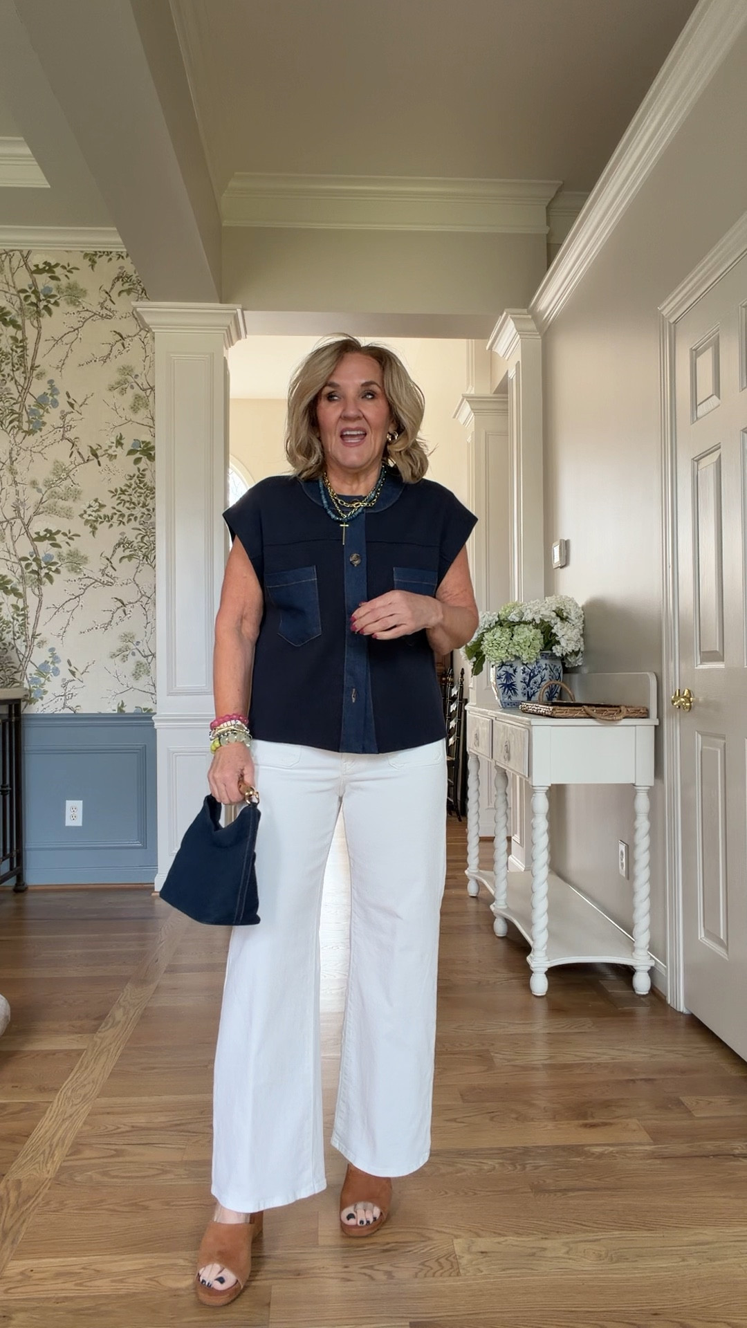 Denim trimmed vest restocked and on sale size medium 
Favorite white jeans I don’t usually love white jeans this fitted but the denim is perfect. Not see thru. Wearing size 29 short 


#LTKSaleAlert #LTKOver40 #LTKPetite