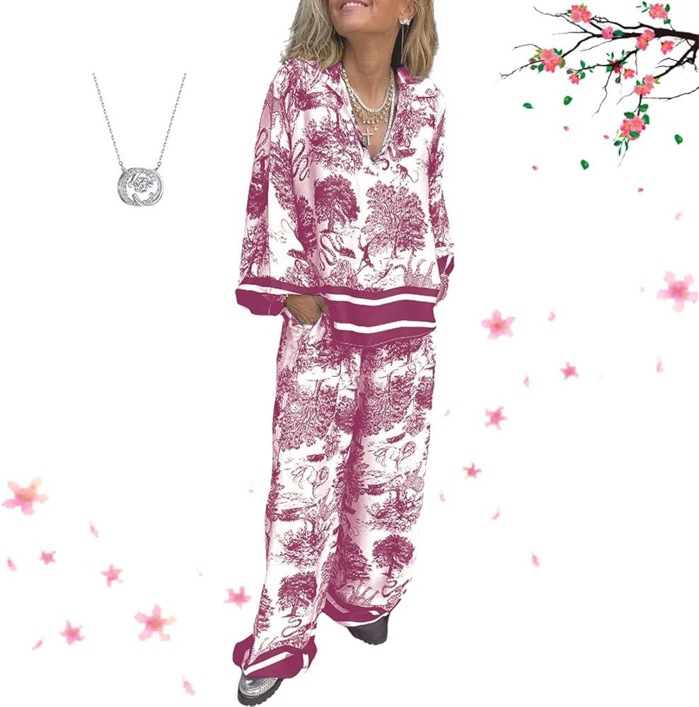 Printed Causal Loose Suit for Plus Size Women,Retro Elegant Long Sleeve Printed 2-Piece Suit with... | Amazon (US)