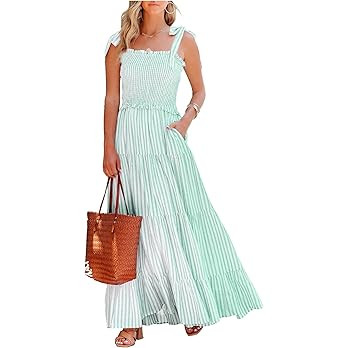 R.Vivimos Women's Summer Cotton Adjustable Straps Boho Stripe Casual Flowy A Line Midi Dress with... | Amazon (US)