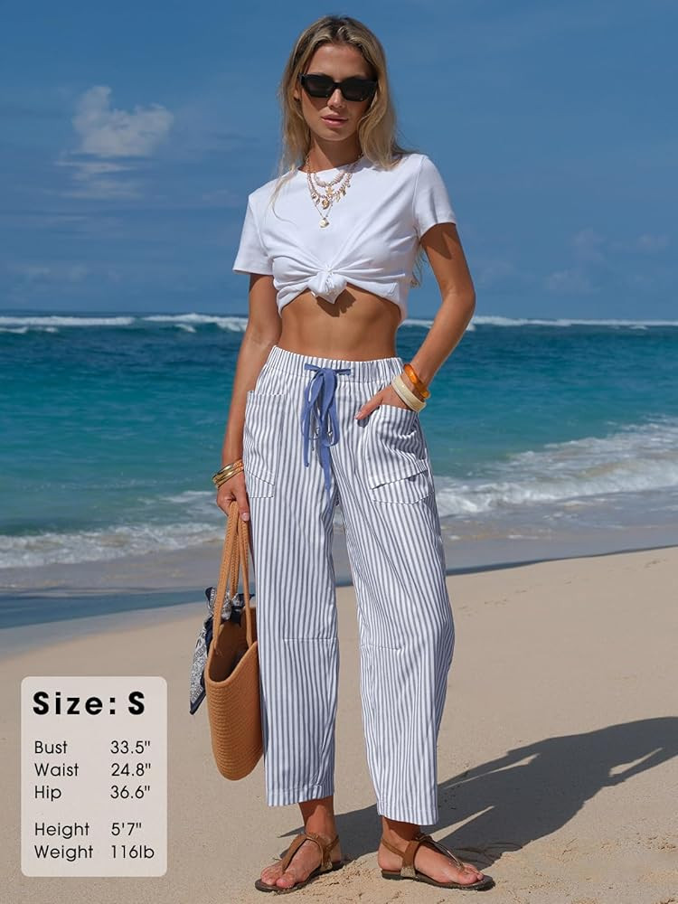 EXLURA Womens Faux Linen Striped Barrel Pants Comfy Drawstring Capri Pant with Pockets Summer Bea... | Amazon (US)