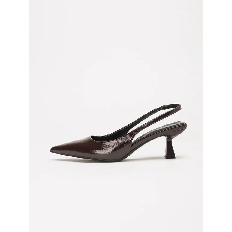 On feet& in love Women's Pointed Toe Slingback Kitten Heels Wrinkled Patent Leather Brown Dress S... | Walmart (US)