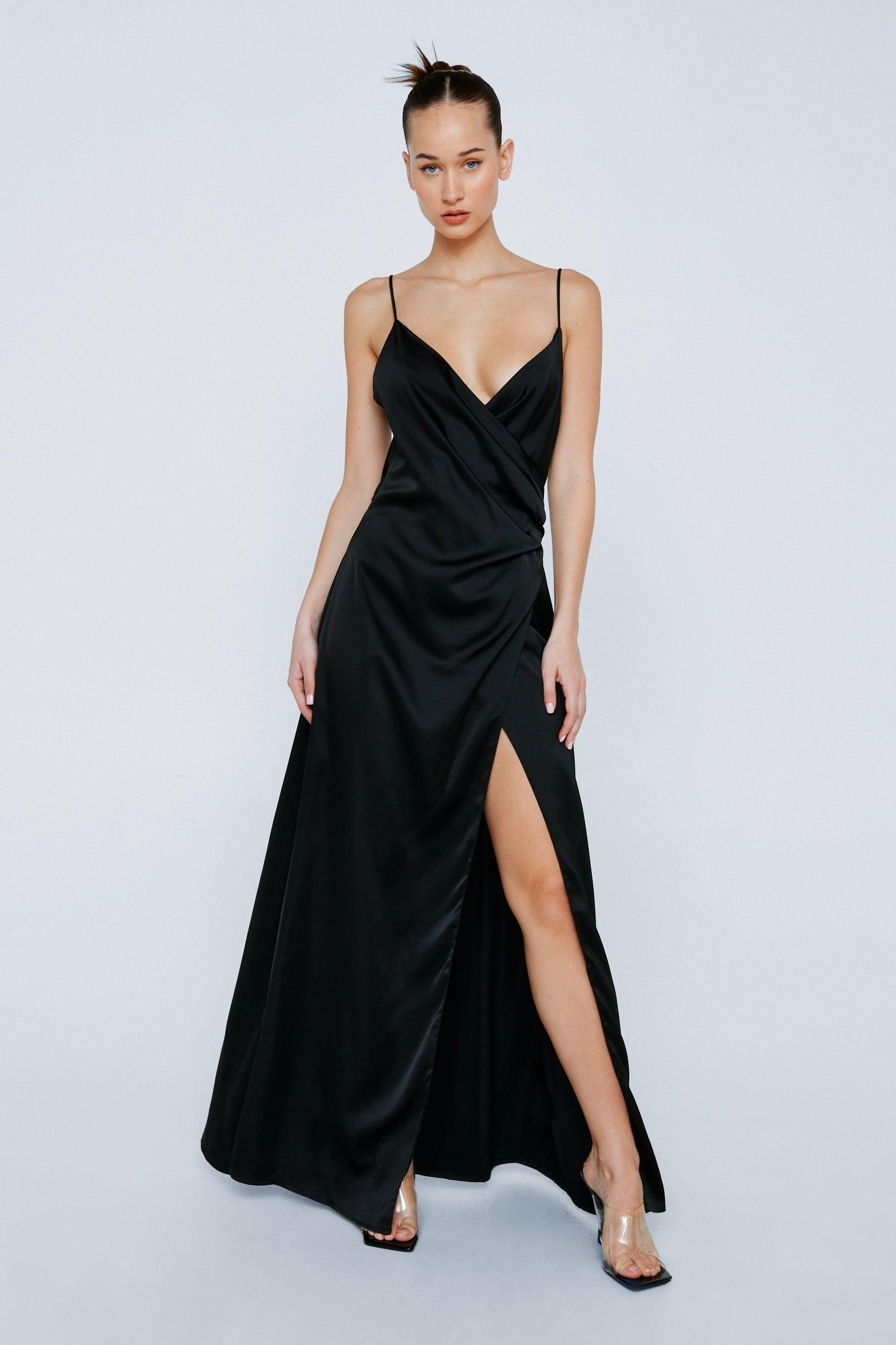 Satin V Neck Slit Maxi Dress | Nasty Gal (US)