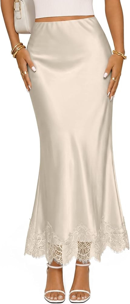 MEROKEETY Women's 2026 Fashion Satin Lace Trim Business Casual Maxi Skirts | Amazon (US)