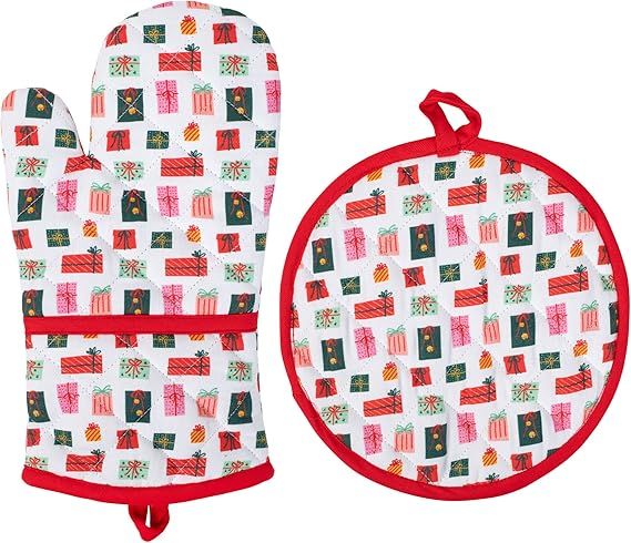 Mary Square Festive Red and Green Presents 12 x 8.5 Cotton and Polyester Christmas Pot Holder Mit... | Amazon (US)