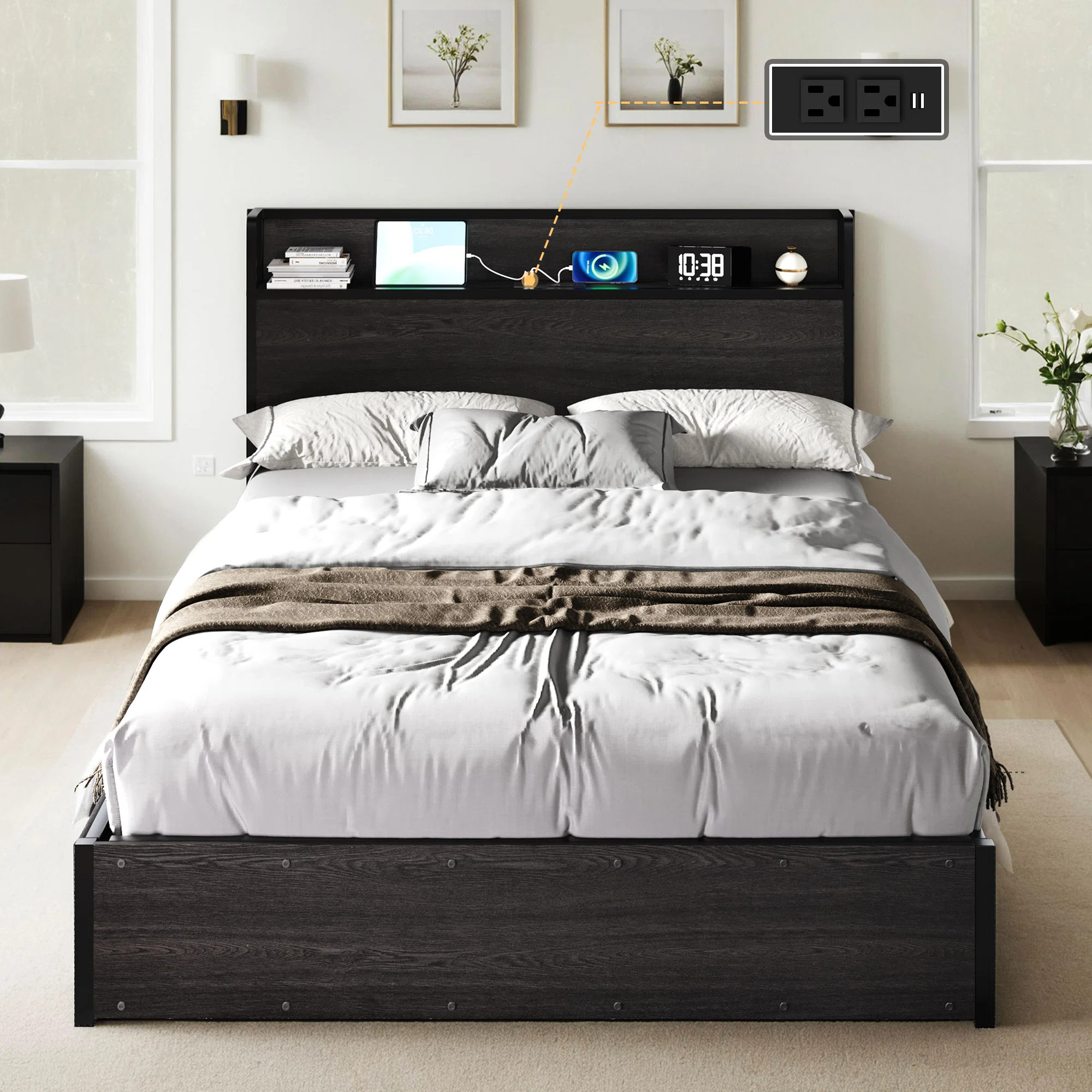 Shila Lift Up Storage Full Bed Frame & Charging Station, Black | Wayfair North America