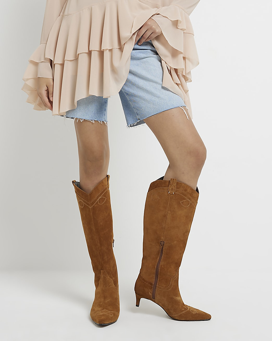 Tan Suede Knee High Western Boots | River Island (UK & IE)