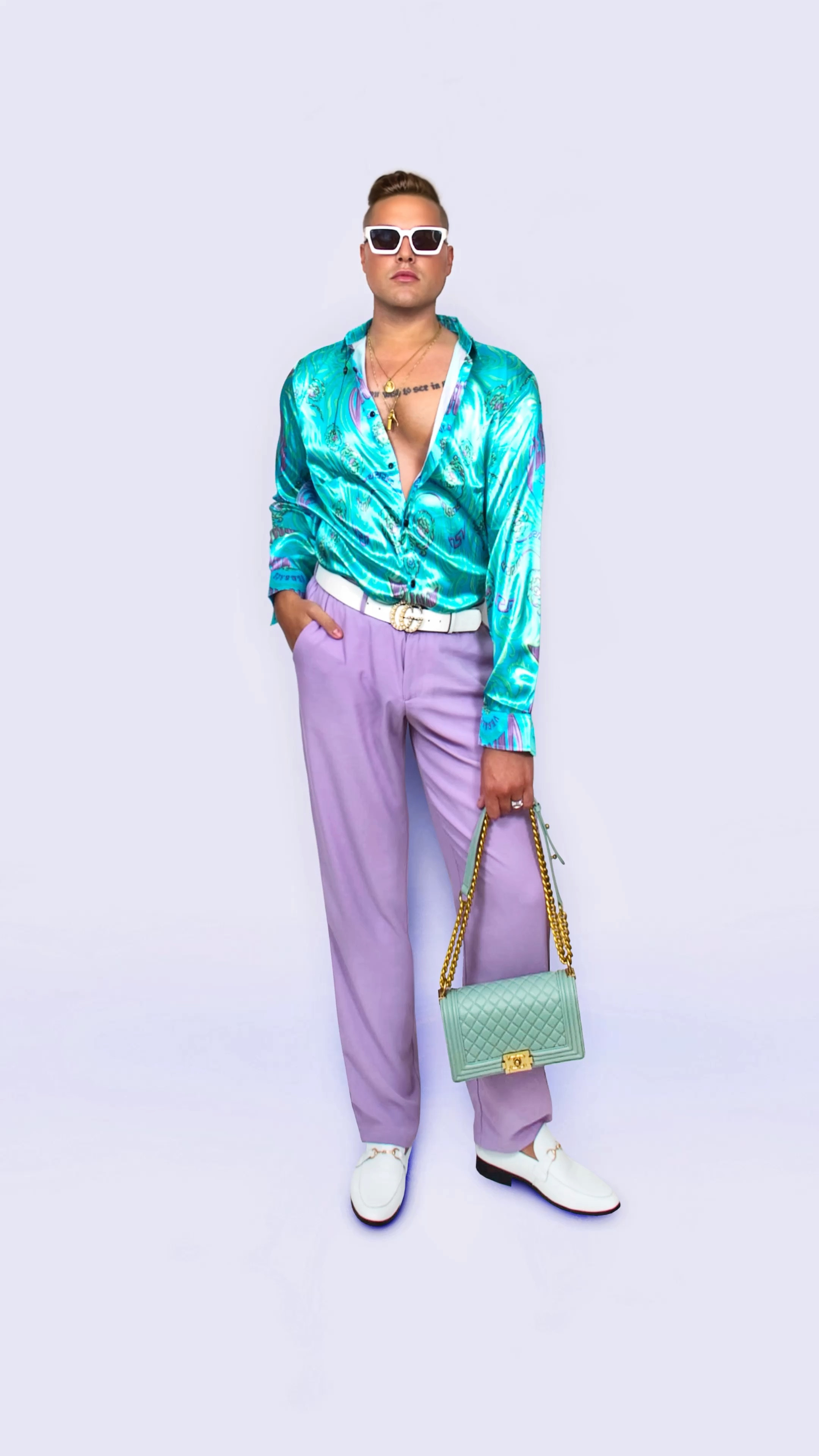 Loving this color lilac for this suit. I paired the pants with a blue Versace silk shirt and light blue Chanel boy bag. 

#LTKVideo 

#LTKMens #LTKFindsUnder50