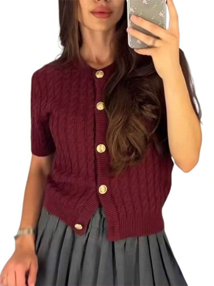 Chaqueta de mujer de punto trenzado de un solo color con cuello redondo, manga corta y cierre de ... | SHEIN