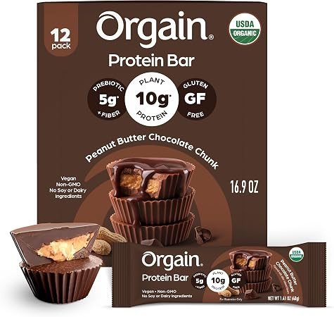 Orgain Organic Vegan Protein Bars, Peanut Butter Chocolate Chunk - 10g Plant Protein, 5g Sugar, M... | Amazon (US)