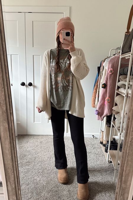 small in cardigan, slightly oversized & so comfy
sized up 2 sizes in shirt for an oversized fit 
wearing my old maternity flares from hm but linked similar in stock 
Mini uggs in stock  

Postpartum
Nursing friendly
Fall outfit
Winter outfit 

#LTKSeasonal