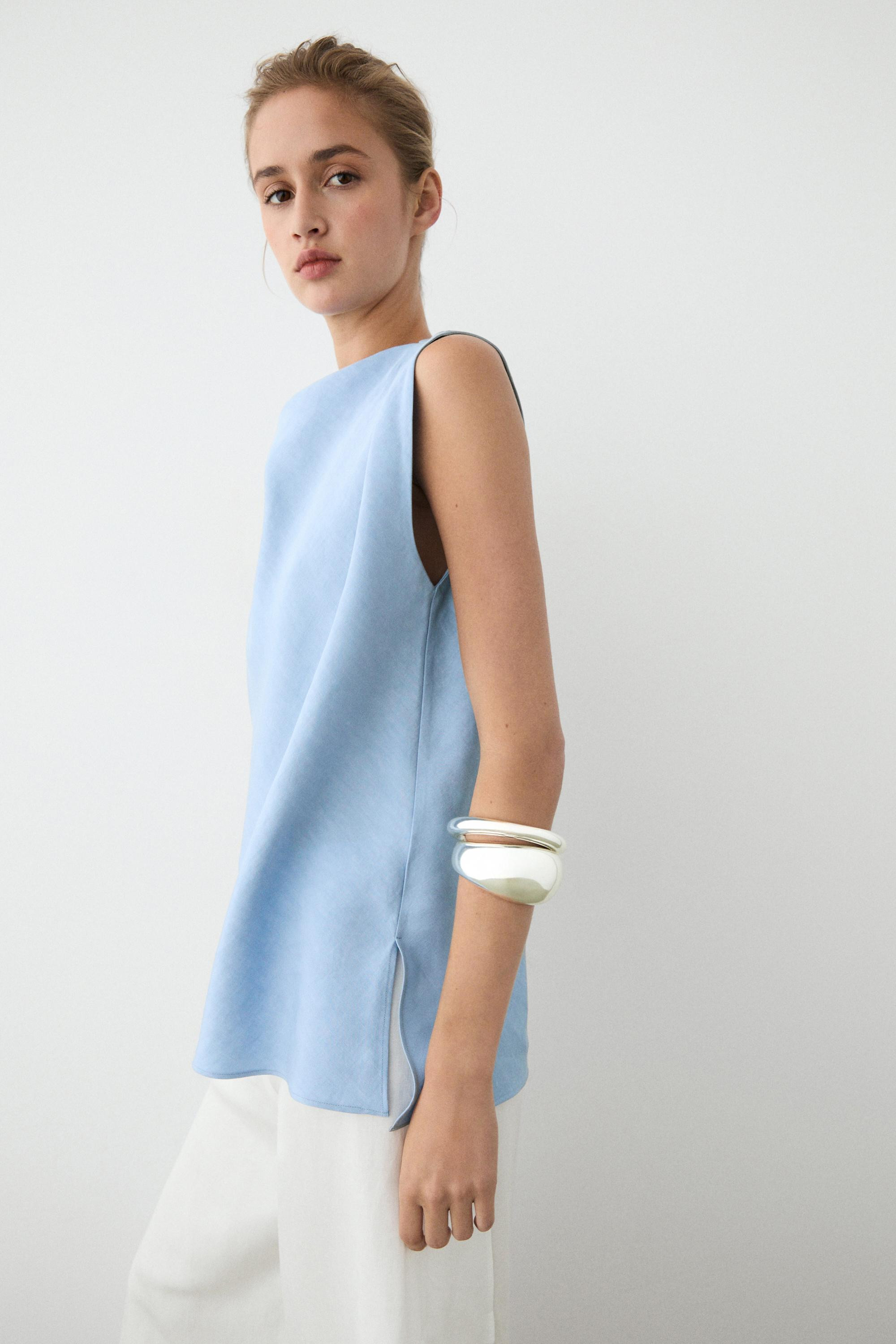 Flowing linen blend pleated top | Massimo Dutti US
