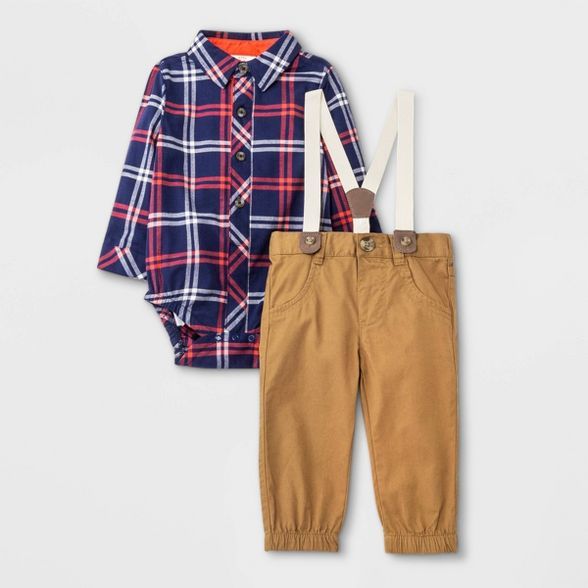 Baby Boys' Plaid Top & Bottom Suspender Set - Cat & Jack™ Navy | Target