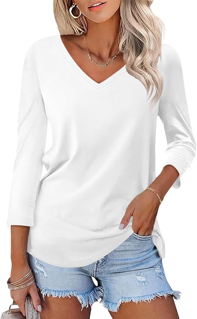 Minetom Women's V Neck 3/4 Sleeve T Shirt Solid/Color Block Casual Basic Tops Summer Tees | Amazon (US)
