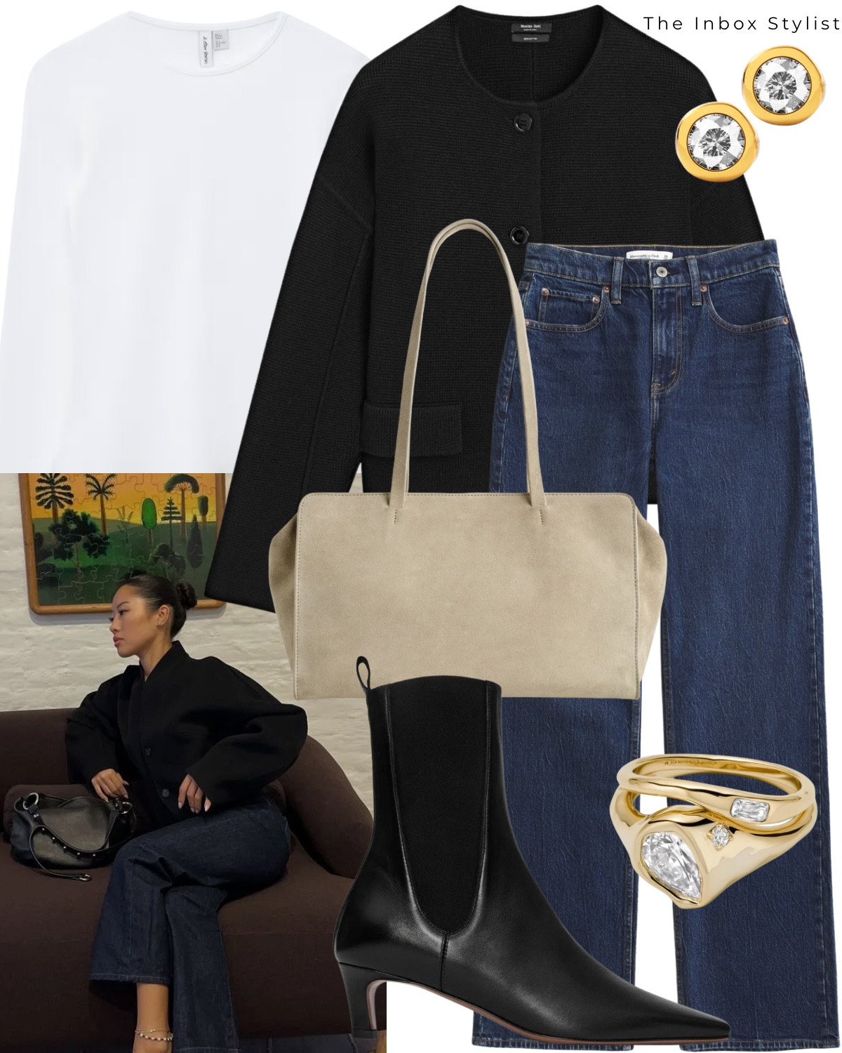 Dark blue denim elevates any outfit. 

Including black pocket cardigan, dark blue high rise jeans, gold bezel stud earrings, cream suede handbag, white long sleeve top, gold diamond ring, black heeled ankle boots  

#LTKstyletip #LTKuk #LTKwinter